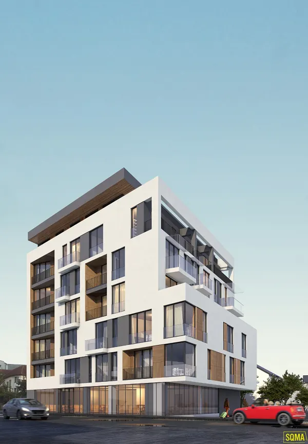 Six-storey white residential building with timber-lined balconies at dusk